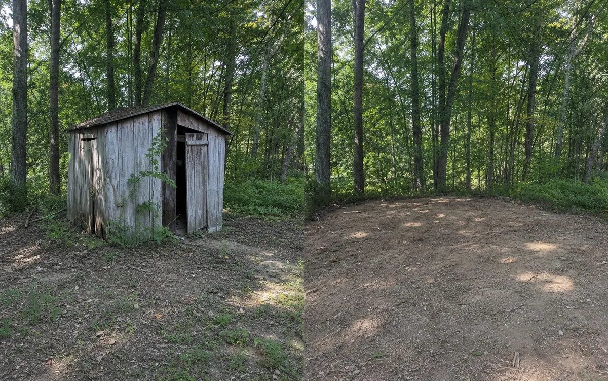Illustrative comparison of a typical small shed and a cleared removal goal; not Calder Peak project photography