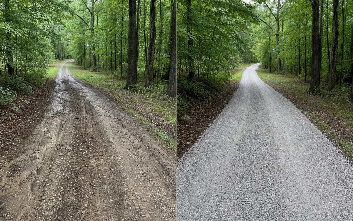 Illustrative comparison of a typical worn rural drive and a refreshed gravel service goal; not Calder Peak project photography