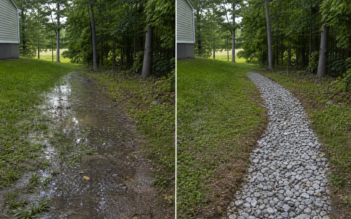 Illustrative comparison of a typical standing-water problem and a drainage service goal; not Calder Peak project photography